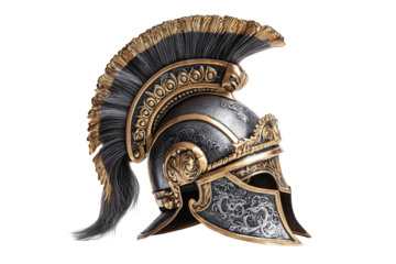 Luxurious medieval knight helmet with golden accents and elegant plume design Isolated on transparent Background