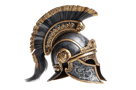 Luxurious medieval knight helmet with golden accents and elegant plume design Isolated on transparent Background
