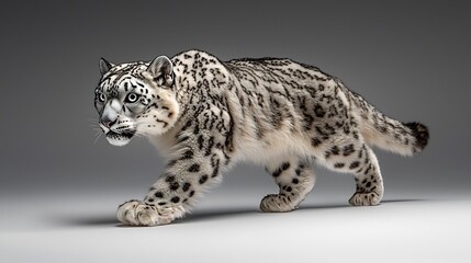 Majestic snow leopard in motion against a neutral backdrop