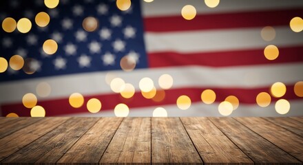 Rustic Wooden Tabletop with Blurred American Flag and Festive Bokeh Lights Background - Patriotism and Independence Day Concept