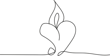Single Line Drawing of a Heart Shaped Candle with a Flame