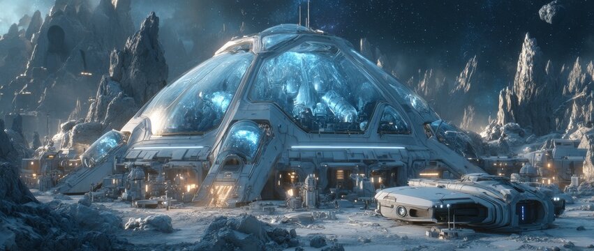 This painting shows a spacecraft exploring a wild and uncharted planet characterized by an unknown and hazardous color scheme and landscape - Powered by Adobe