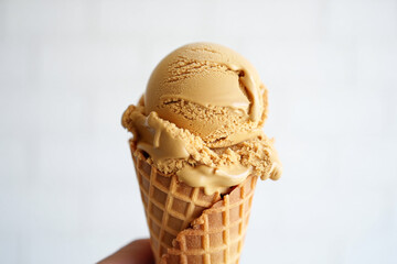 A close up of a caramel ice cream cone with a waffle cone against a white background in soft light