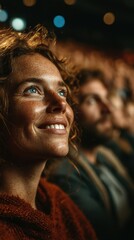 Bright smile illuminates evening event as joyful audience enjoys performance in vibrant atmosphere