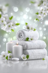 In a white bathroom, a towel, candle, and bath come together to create a luxury spa atmosphere, characterized by relaxation, aromatherapy, and Zen therapy, with flowers and other accessories adding