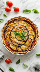 Eggplant and tomato pie layered with melted mozzarella, drizzled with olive oil, served on a white marble slab. French style Quiche.
