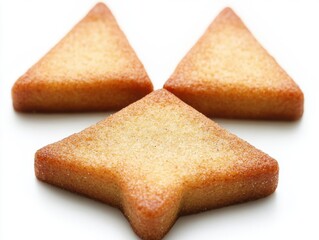 Fototapeta premium Close up of three golden brown financiers on white background studio shot food photography baked treat