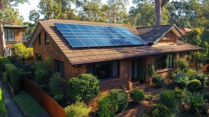 Technician installs solar panels on suburban house roof, surrounded by trees.
