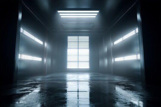 A 360-degree full panorama environment map featuring a black minimalistic studio environment with bright lights and reflections, presented as a 3D render illustration in HDRI and HDR for VR and