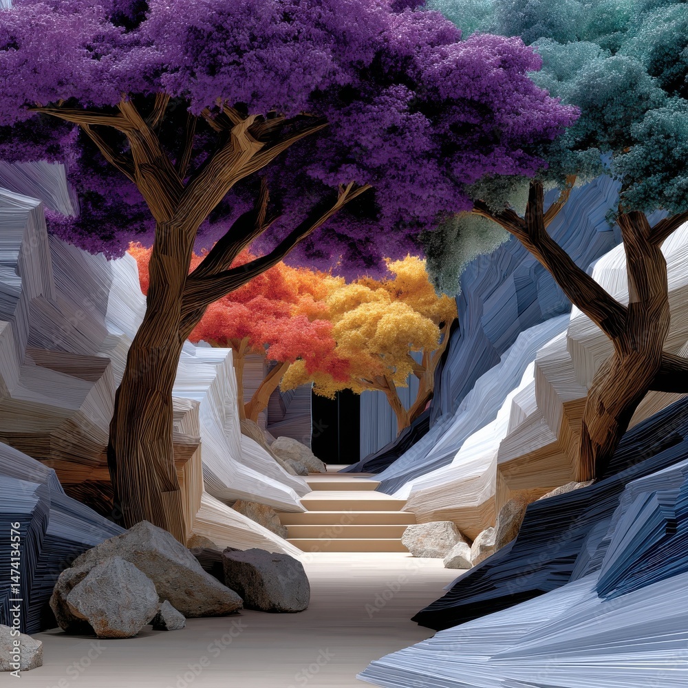 Poster A colorful forest with trees of different colors and a path leading through it