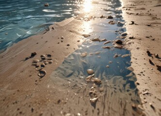 Muddy footprints and water splashes in a swimming pool, reflecting sunlight ,  pool,  glare,  clay