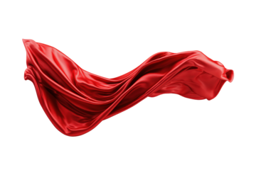 Red satin cloth floating in elegant folds and curves with graceful motion Isolated on transparent Background