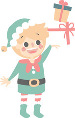 merry christmas and happy new year with cute little elf dwarf and present gift, flat png illustration cartoon character costume design