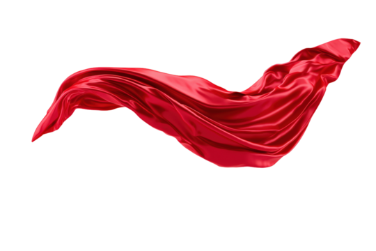 Elegant red satin fabric mid-motion with smooth flowing curves Isolated on transparent Background