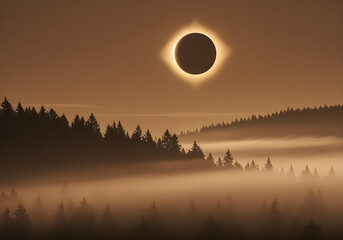 spectacular solar eclipse with glowing corona above foggy forest silhouettes astronomical event nature photography

