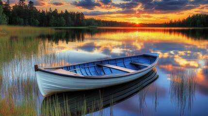 Obraz premium Serene lake sunset with a small boat
