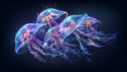 Naklejka premium A lone jellyfish with a neon glow is set against a dark backdrop, its ethereal and iridescent appearance evoking a psychic aura, all made possible by generative AI technology