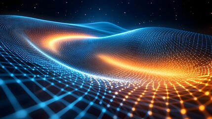 Abstract digital wave pattern with luminous orange and blue lines.