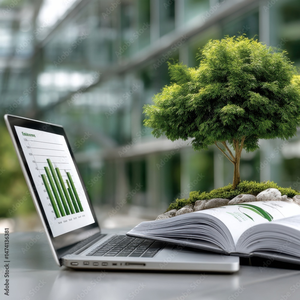 Poster A laptop and an open book sit on a table with a small tree in the middle