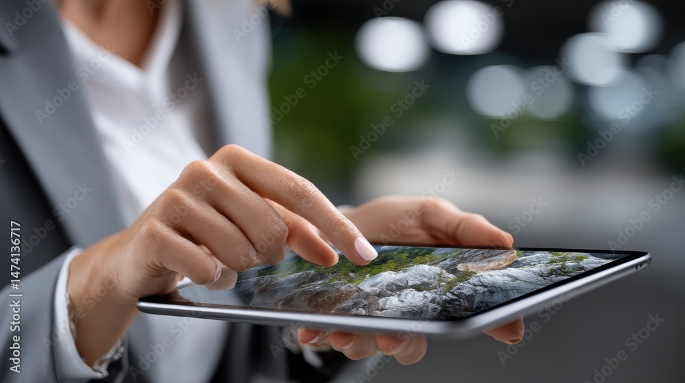 Aufkleber a woman is using a tablet to type on a keyboard