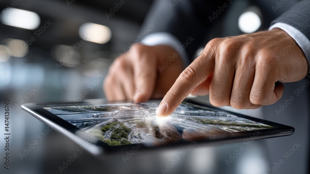 Poster A man is using a tablet to point at a map