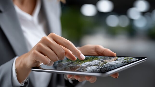 A woman is using a tablet to type on a keyboard