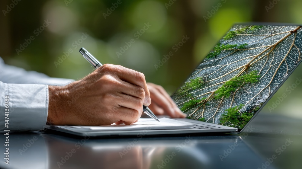 Poster A person is writing on a laptop with a tree image on the screen