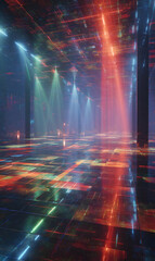 Abstract futuristic space with vibrant neon lights and reflections creates a mesmerizing scene