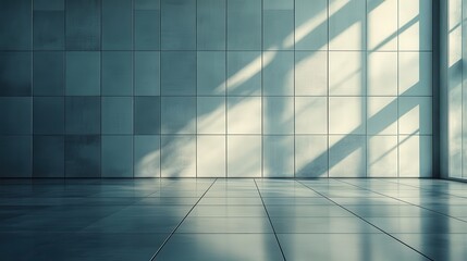 Obraz premium Empty modern interior with tiled walls and floor, sunlight streaming through windows