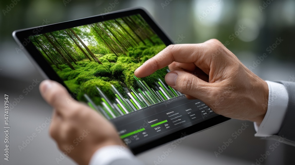 Poster A man is using a tablet to touch a green forest