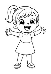 Cartoon girl character smiling with open arms showing happiness and excitement in black and white line art
