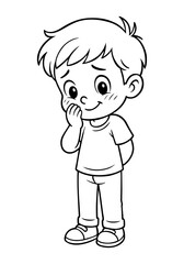 Cartoon boy character with a shy expression, blushing and covering mouth in black and white line art