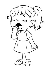 Cartoon girl character yawning and appearing sleepy with closed eyes in black and white line art vector