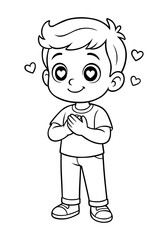 Cartoon boy character with heart eyes and hands on chest showing love or admiration in black and white line art vector