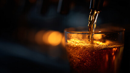 Craft beer pouring chaos at a brewery taproom, high-quality image capturing warm ambiance and close-up perspective.