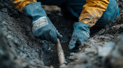 Worker Repairing Underground Pipe in Mud