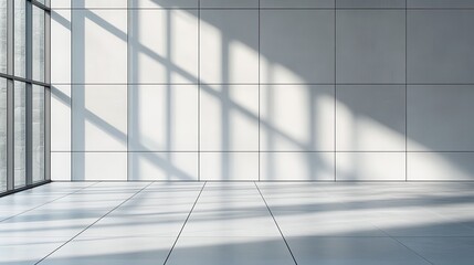 Obraz premium Empty modern space with sunlight casting shadows on white tiled walls and floor