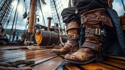 Obraz premium A pirate outfit with boots, belts, and hat on a wooden ship deck