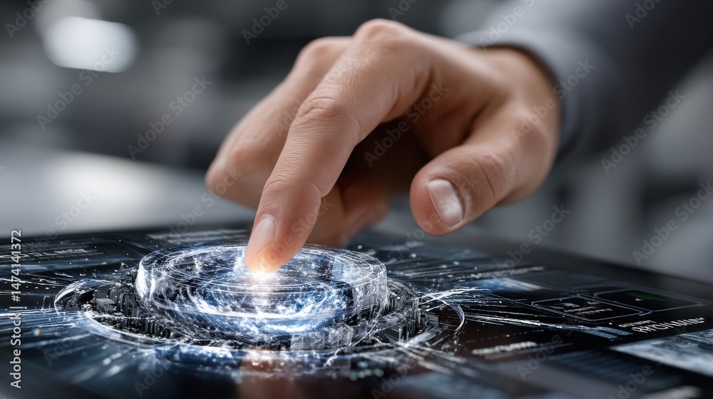Poster a hand is pointing at a glowing circle on a tablet