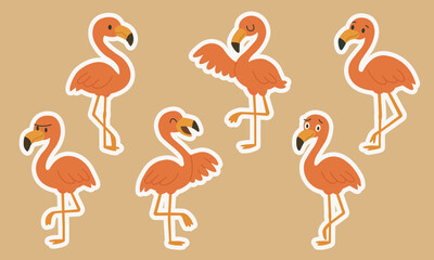 Obraz premium A set of flamingo vector stickers. Features six different poses and facial expressions including happy, sad, shy, angry, and relaxed. 
