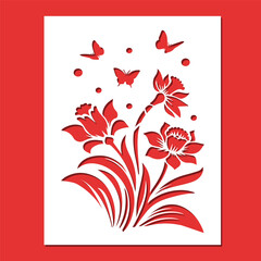 Postcard with cut-out bouquet of daffodils and butterflies. Cut file