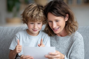 A mother who cannot hear and her child use sign language to communicate while indoors