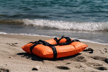 Obraz premium Orange life vest on sandy beach (1)