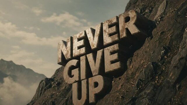 Gritty textured 3D text 'NEVER GIVE UP' climbing a steep slope &mdash; determined and strong.