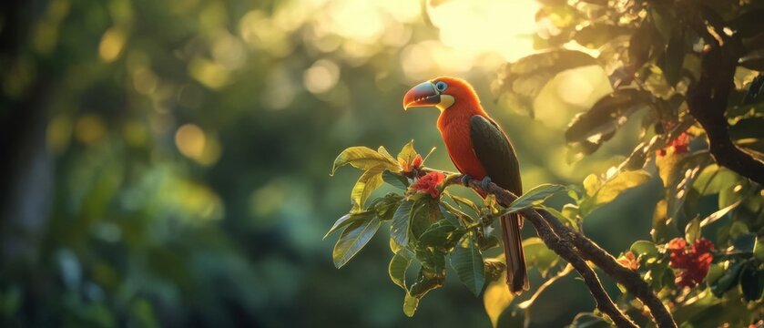 Rufous-tailed Jacamar Perched on Branch in Lush Rainforest, Eye-Level View, Golden Hour Sunlight, Amazon Jungle
