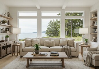 Fototapeta premium Comfortable living room with a large sofa and a view of the ocean and trees through expansive windows