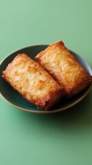 Two golden fried egg rolls on green plate studio shot close up delicious appetizer snack Asian cuisine food photography