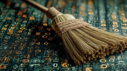 In a futuristic cybersecurity landscape, digital art represents data clean up and digital hygiene with an image of a broom sweeping virtual data