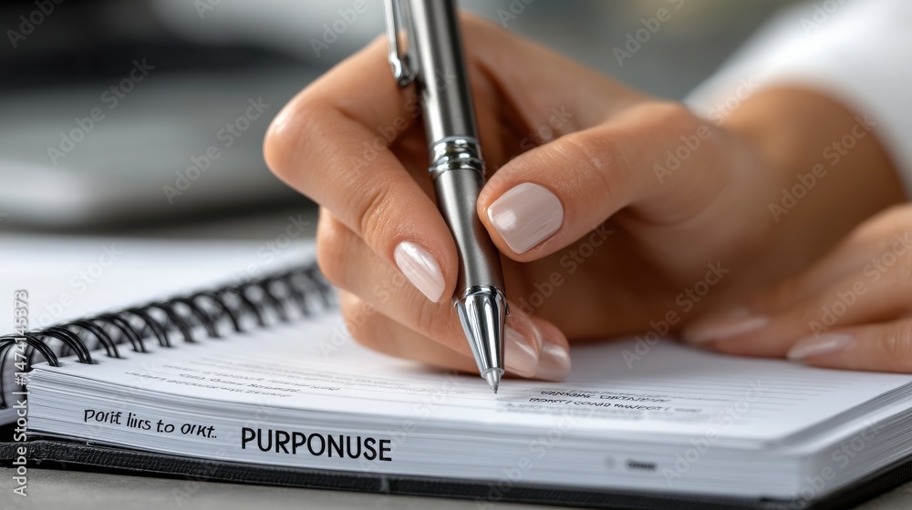 Poster a person is writing in a spiral notebook with a pen