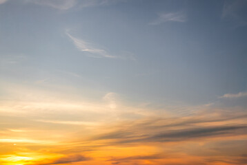 Sky sunset evening sunrise cloud weather dramatic landscape goldent and indigo color gradient pastel horizon, twilight yellow golden reflection morning nature environment energy ecosystem change.